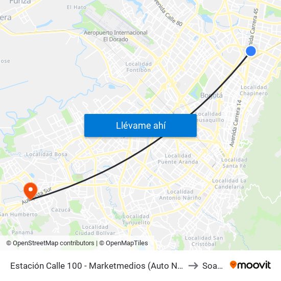 Estación Calle 100 - Marketmedios (Auto Norte - Cl 98) to Soacha map