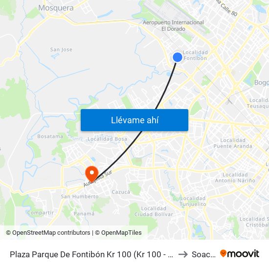 Plaza Parque De Fontibón Kr 100 (Kr 100 - Cl 17a) to Soacha map
