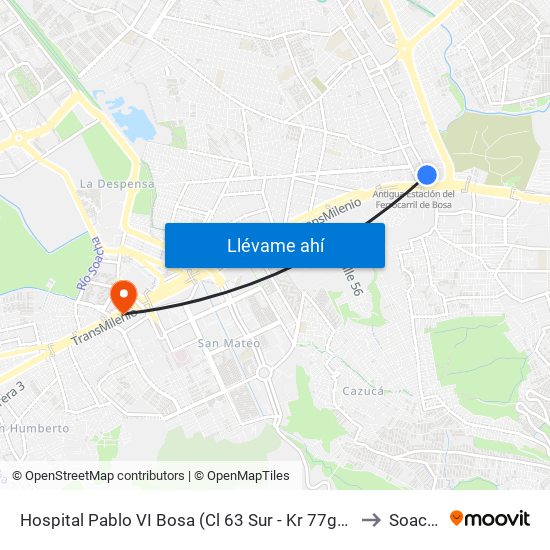 Hospital Pablo VI Bosa (Cl 63 Sur - Kr 77g) (A) to Soacha map