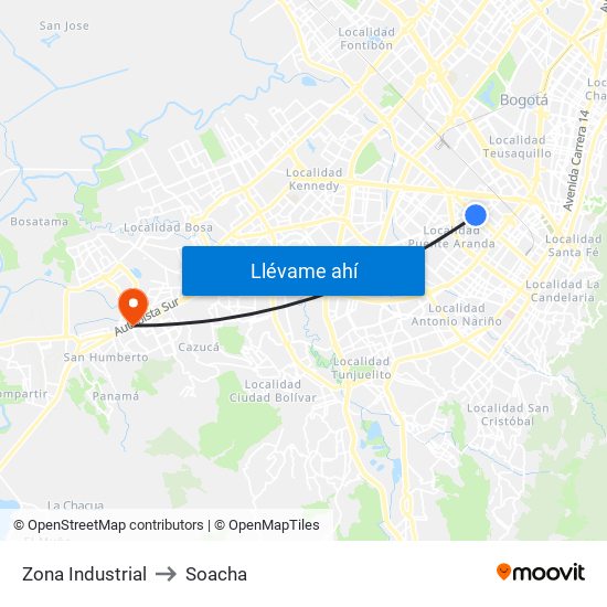 Zona Industrial to Soacha map