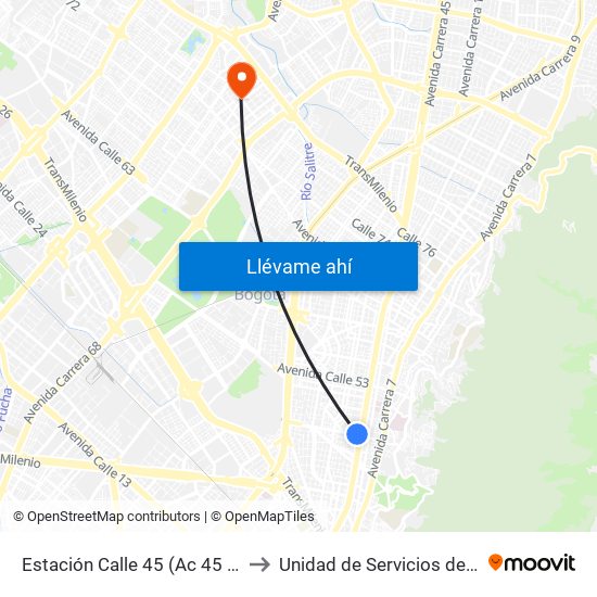 Estación Calle 45 (Ac 45 - Av. Caracas) to Unidad de Servicios de Salud Ferias map