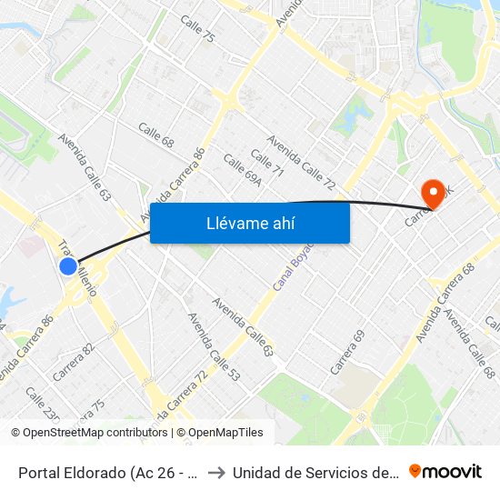 Portal Eldorado (Ac 26 - Av. C. De Cali) to Unidad de Servicios de Salud Ferias map