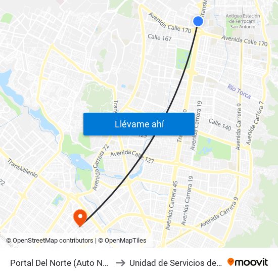 Portal Del Norte (Auto Norte - Cl 174a) to Unidad de Servicios de Salud Ferias map