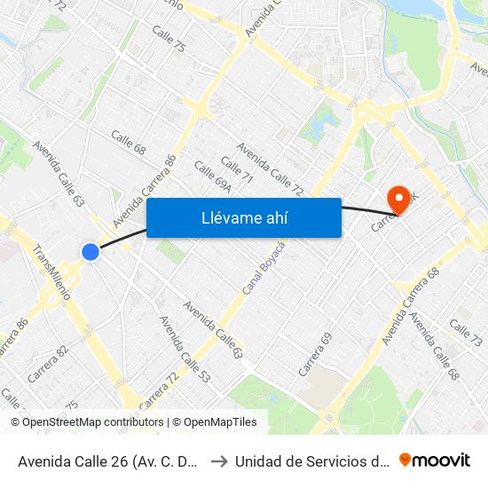 Avenida Calle 26 (Av. C. De Cali - Cl 51) (A) to Unidad de Servicios de Salud Ferias map