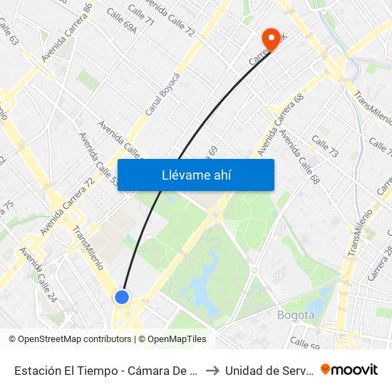 Estación El Tiempo - Cámara De Comercio De Bogotá (Ac 26 - Kr 68b Bis) to Unidad de Servicios de Salud Ferias map