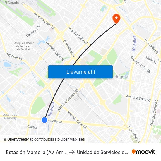 Estación Marsella (Av. Américas - Kr 69b) to Unidad de Servicios de Salud Ferias map