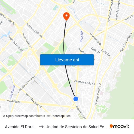 Avenida El Dorado to Unidad de Servicios de Salud Ferias map