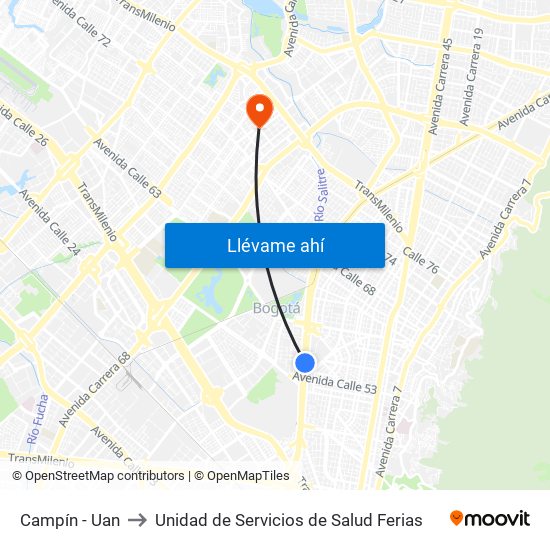 Campín - Uan to Unidad de Servicios de Salud Ferias map