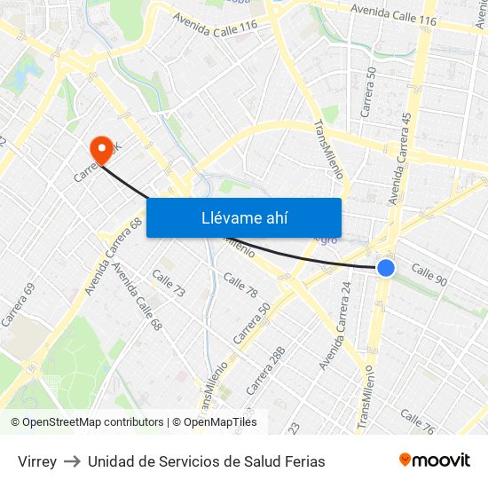 Virrey to Unidad de Servicios de Salud Ferias map