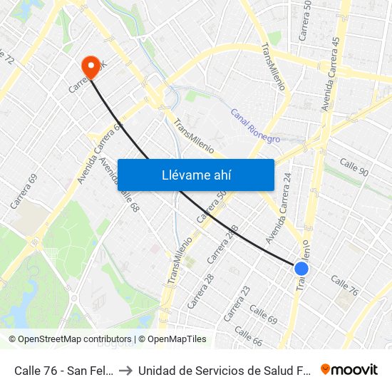 Calle 76 - San Felipe to Unidad de Servicios de Salud Ferias map