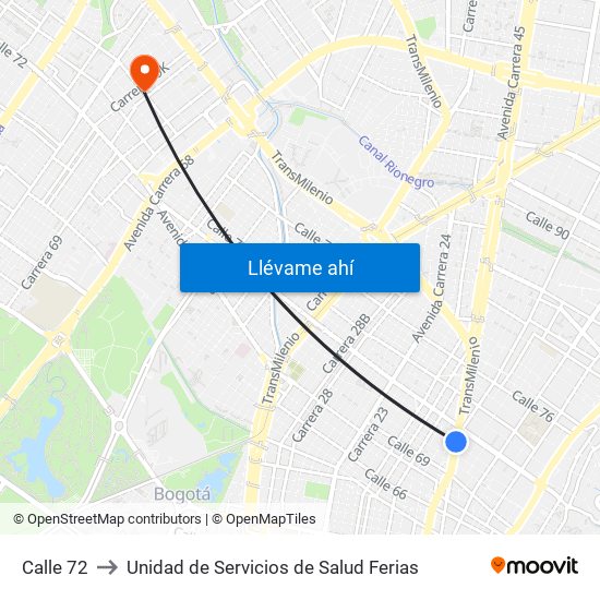 Calle 72 to Unidad de Servicios de Salud Ferias map