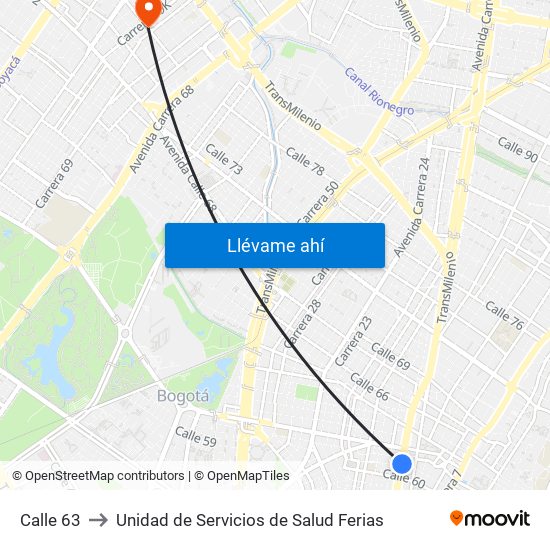 Calle 63 to Unidad de Servicios de Salud Ferias map