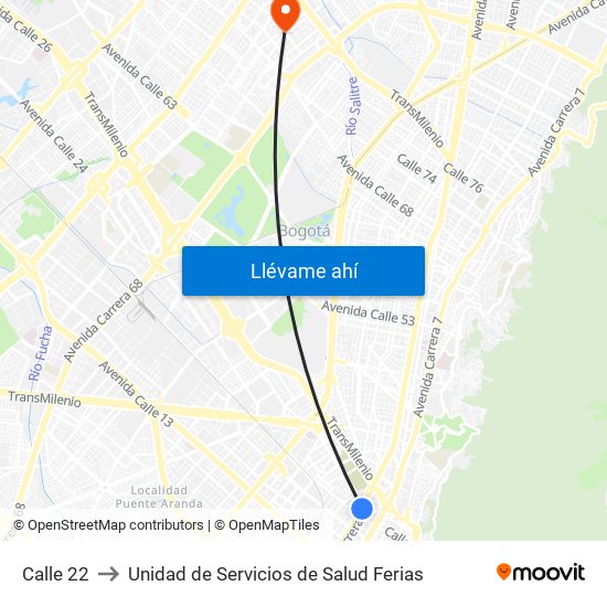 Calle 22 to Unidad de Servicios de Salud Ferias map