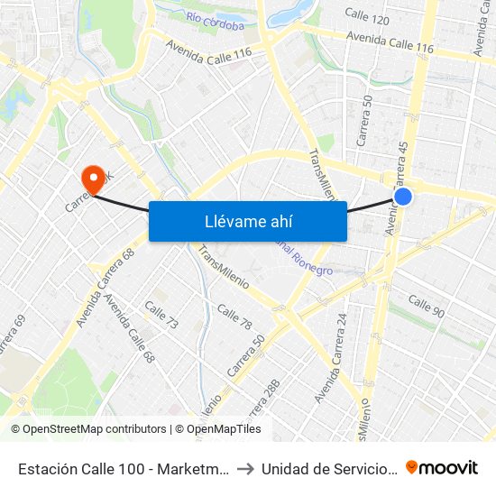Estación Calle 100 - Marketmedios (Auto Norte - Cl 98) to Unidad de Servicios de Salud Ferias map