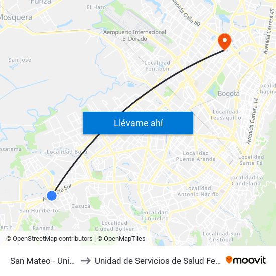 San Mateo - Unisur to Unidad de Servicios de Salud Ferias map