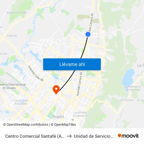 Centro Comercial Santafé (Auto Norte - Cl 187) (B) to Unidad de Servicios de Salud Ferias map