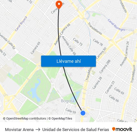 Movistar Arena to Unidad de Servicios de Salud Ferias map