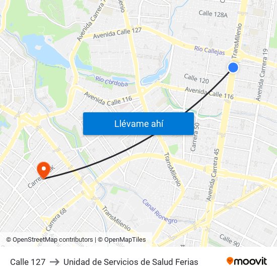 Calle 127 to Unidad de Servicios de Salud Ferias map