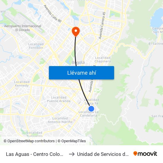 Las Aguas - Centro Colombo Americano to Unidad de Servicios de Salud Ferias map