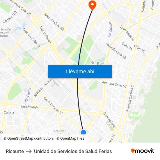 Ricaurte to Unidad de Servicios de Salud Ferias map