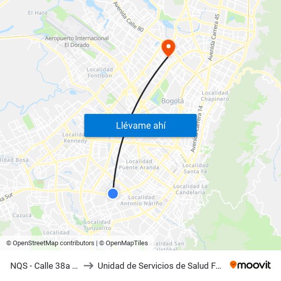 NQS - Calle 38a Sur to Unidad de Servicios de Salud Ferias map