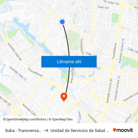 Suba - Transversal 91 to Unidad de Servicios de Salud Ferias map