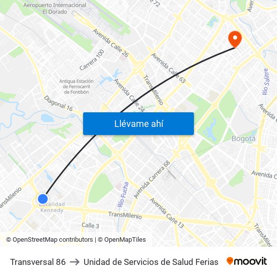 Transversal 86 to Unidad de Servicios de Salud Ferias map