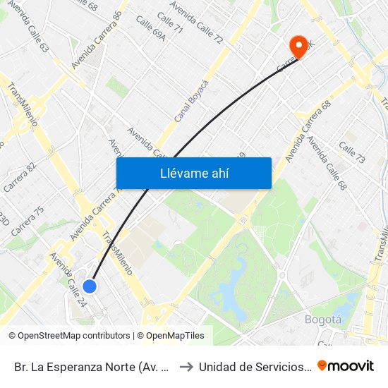 Br. La Esperanza Norte (Av. La Esperanza - Kr 69d) to Unidad de Servicios de Salud Ferias map