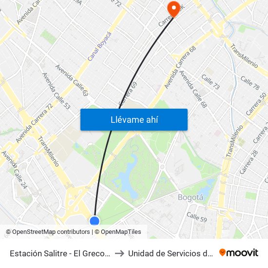 Estación Salitre - El Greco (Ac 26 - Ak 68) to Unidad de Servicios de Salud Ferias map