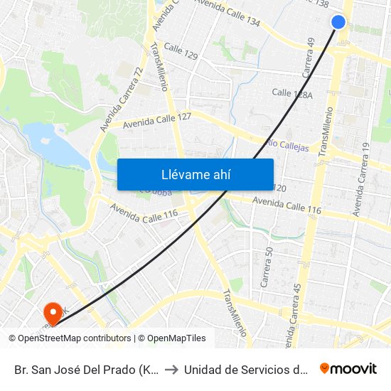 Br. San José Del Prado (Kr 45a - Cl 137) to Unidad de Servicios de Salud Ferias map