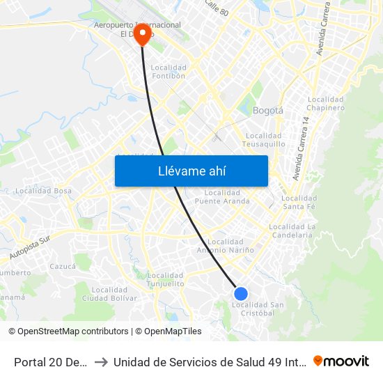 Portal 20 De Julio to Unidad de Servicios de Salud 49 Internacional map