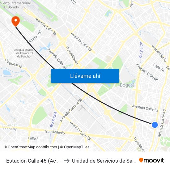 Estación Calle 45 (Ac 45 - Av. Caracas) to Unidad de Servicios de Salud 49 Internacional map