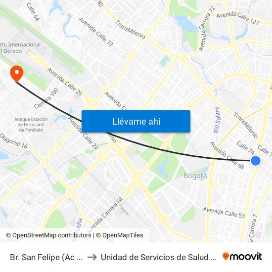 Br. San Felipe (Ac 72 - Kr 17) to Unidad de Servicios de Salud 49 Internacional map