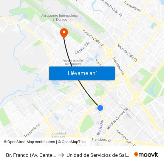 Br. Franco (Av. Centenario - Kr 69b) to Unidad de Servicios de Salud 49 Internacional map