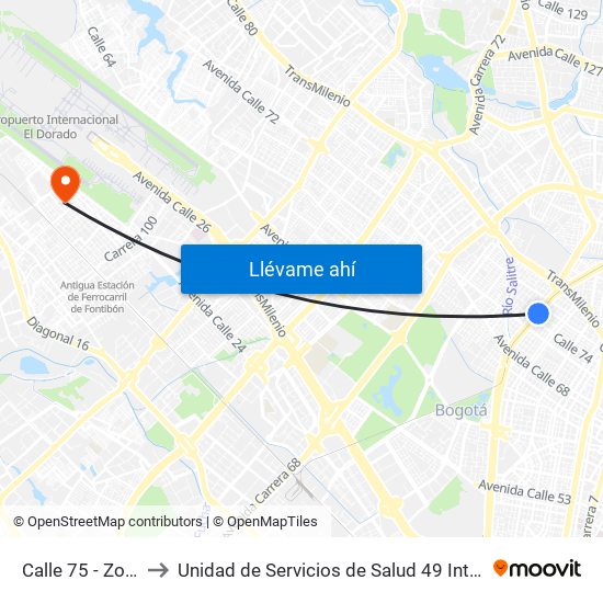 Calle 75 - Zona M to Unidad de Servicios de Salud 49 Internacional map