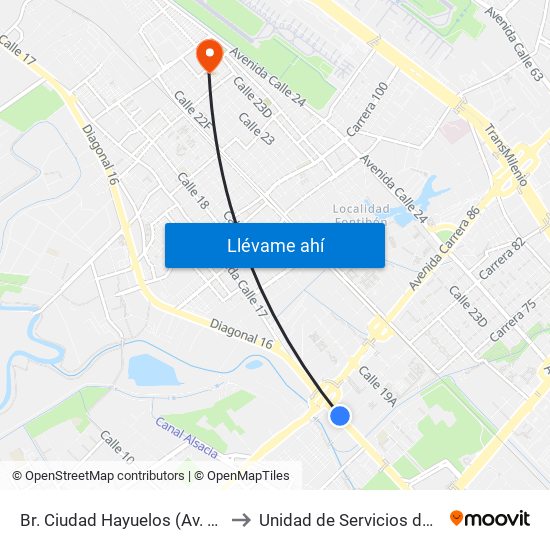 Br. Ciudad Hayuelos (Av. Centenario - Av. C. De Cali) to Unidad de Servicios de Salud 49 Internacional map