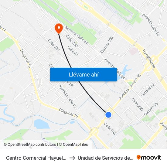 Centro Comercial Hayuelos (Av. C. De Cali - Cl 20) to Unidad de Servicios de Salud 49 Internacional map