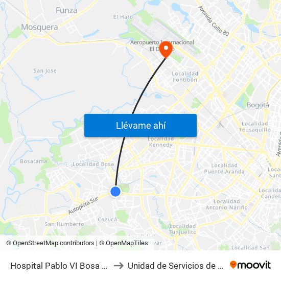 Hospital Pablo VI Bosa (Cl 63 Sur - Kr 77g) (A) to Unidad de Servicios de Salud 49 Internacional map