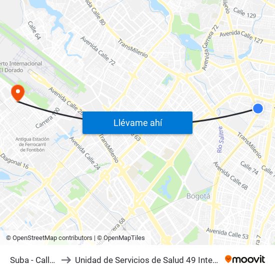 Suba - Calle 95 to Unidad de Servicios de Salud 49 Internacional map