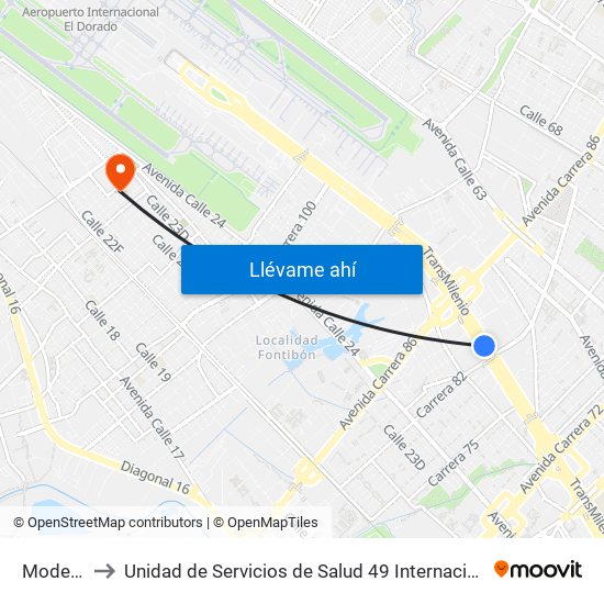 Modelia to Unidad de Servicios de Salud 49 Internacional map