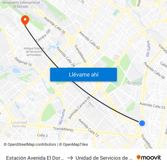 Estación Avenida El Dorado (Av. NQS - Cl 40a) to Unidad de Servicios de Salud 49 Internacional map