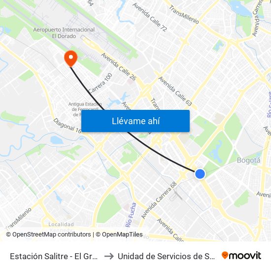 Estación Salitre - El Greco (Ac 26 - Ak 68) to Unidad de Servicios de Salud 49 Internacional map