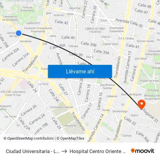 Ciudad Universitaria - Lotería De Bogotá to Hospital Centro Oriente Cami Perseverancia map