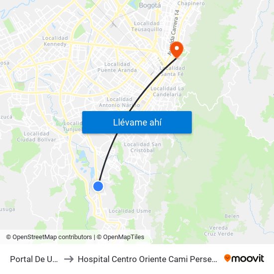 Portal De Usme to Hospital Centro Oriente Cami Perseverancia map
