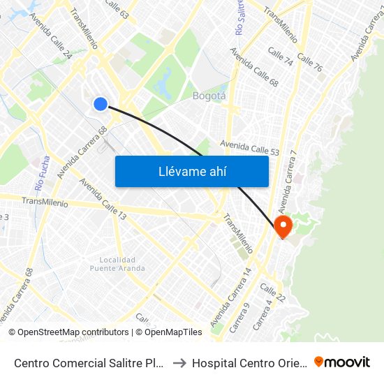 Centro Comercial Salitre Plaza (Av. La Esperanza - Kr 68b) to Hospital Centro Oriente Cami Perseverancia map