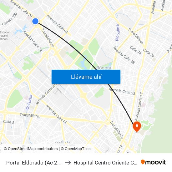 Portal Eldorado (Ac 26 - Av. C. De Cali) to Hospital Centro Oriente Cami Perseverancia map