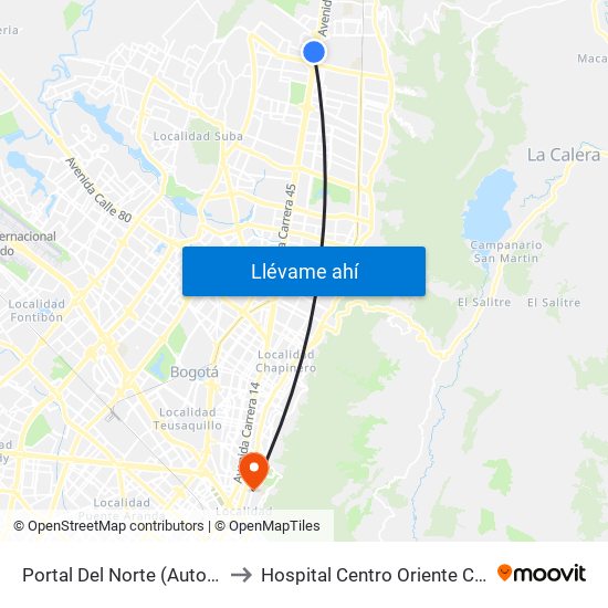 Portal Del Norte (Auto Norte - Cl 174a) to Hospital Centro Oriente Cami Perseverancia map