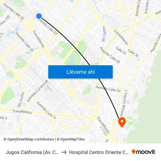 Jugos California (Av. C. De Cali - Ac 63) to Hospital Centro Oriente Cami Perseverancia map