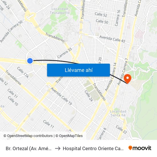 Br. Ortezal (Av. Américas - Tv 39) to Hospital Centro Oriente Cami Perseverancia map