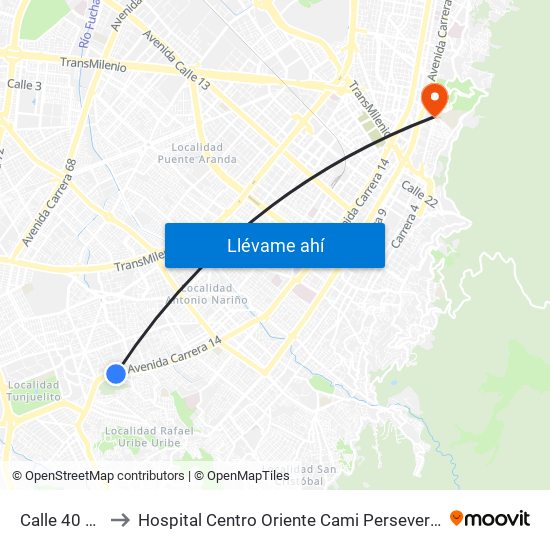 Calle 40 Sur to Hospital Centro Oriente Cami Perseverancia map